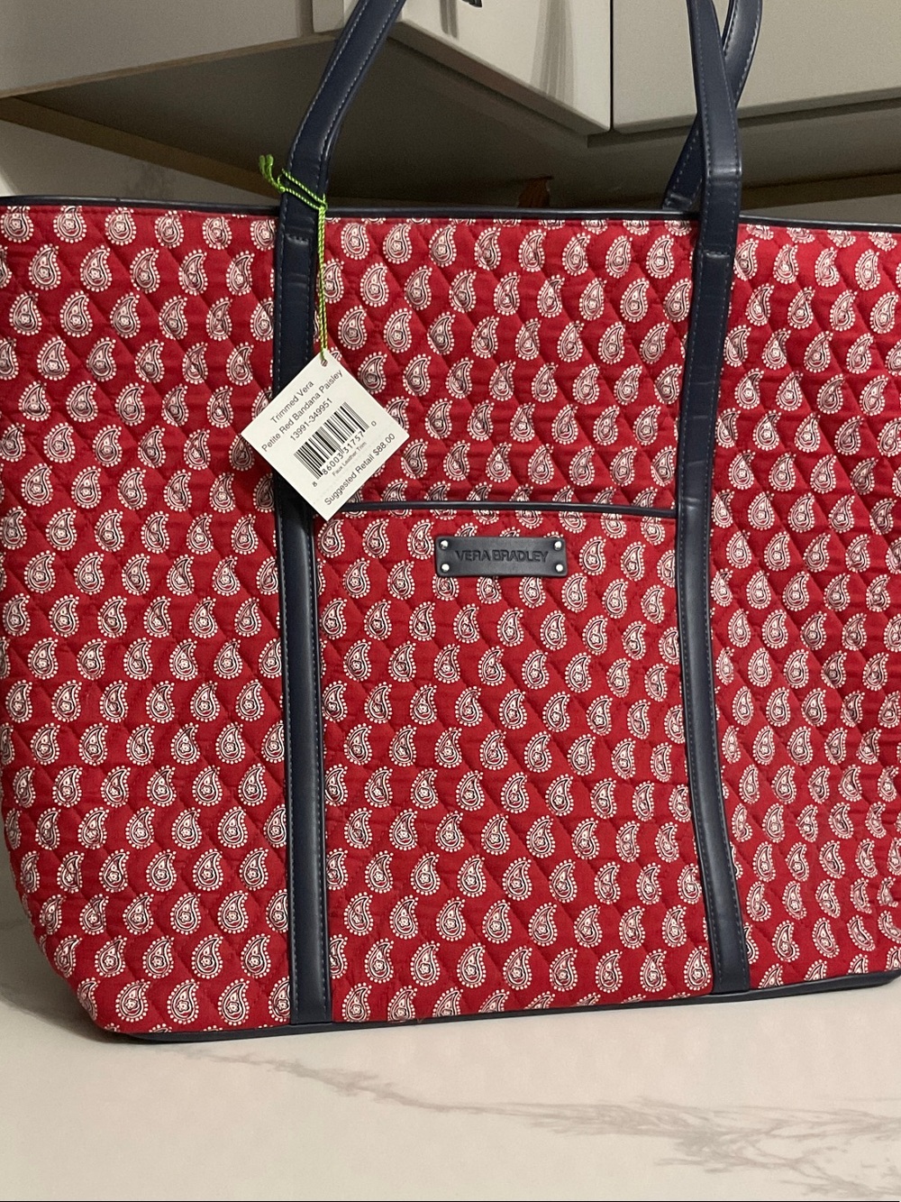Vera Bradley Red Bandana Paisley Tote with Navy Trim - New (Retired)